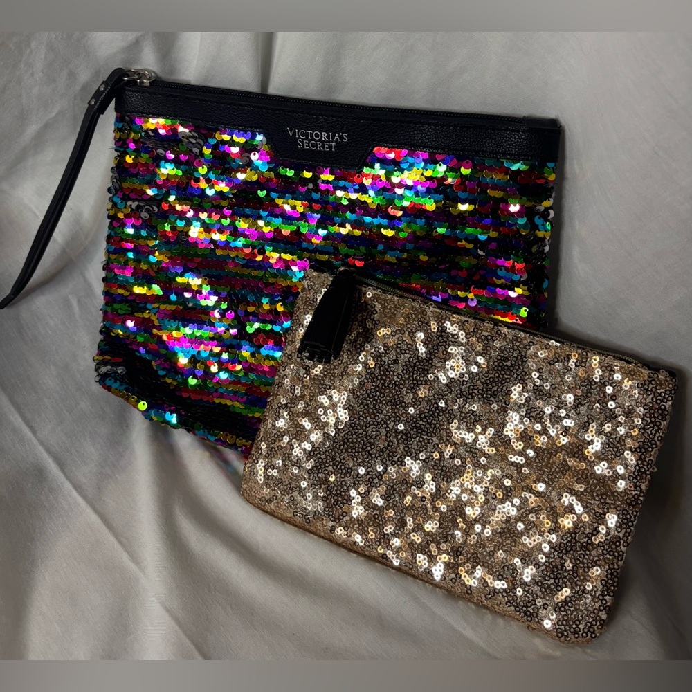 Set of 2 PINK Victoria's Secret Multicolor and Ipsy Gold Sequin Clutch Set- GUC - Picture 3 of 16